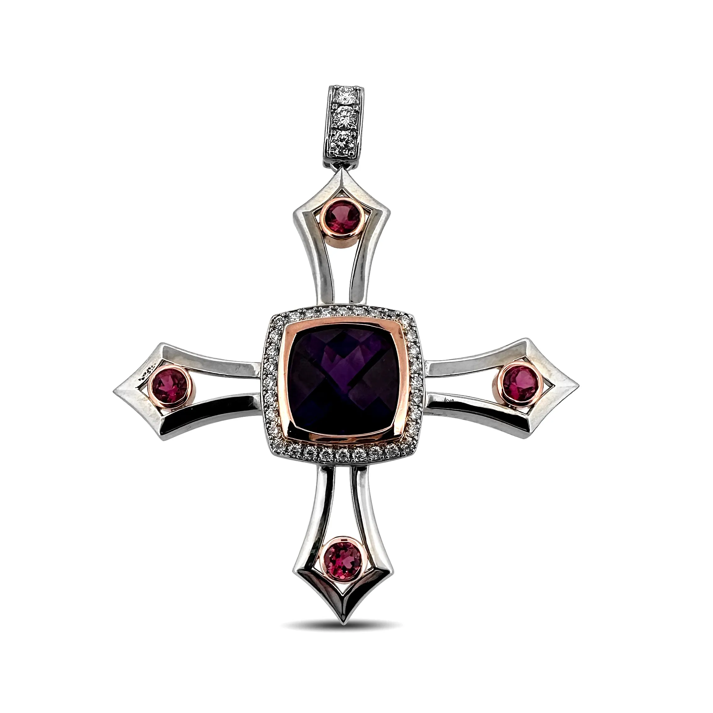 11ct Cushion Cut Amethyst with Pink Tourmaline & Round Brilliant Diamond Cross Pendant in 14k Two-tone Gold