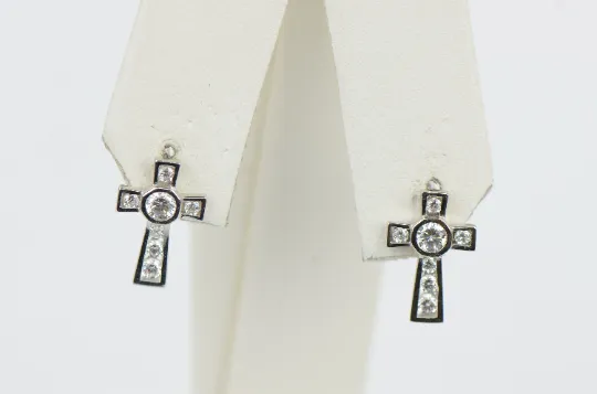 14K Solid Gold Cross Earrings CZ Stones Screw Back 11x7mm for Womens / Aretes de Cruz en Oro Solido Real para Mujer  / CZ Gold Cross Stud Earrings