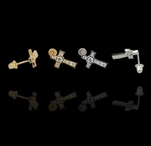 14K Solid Gold Cross Earrings CZ Stones Screw Back 11x7mm for Womens / Aretes de Cruz en Oro Solido Real para Mujer  / CZ Gold Cross Stud Earrings