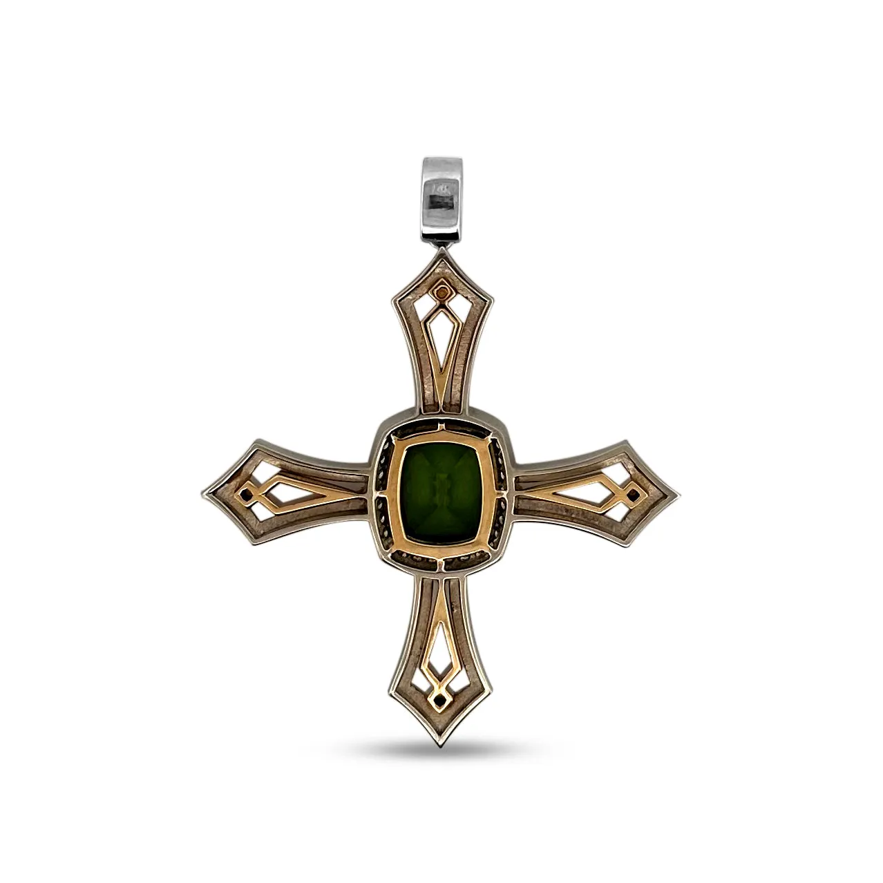 6ct Cushion Cut Peridot with Round Brilliant Diamond Cross Pendant in 14k Two-tone Gold