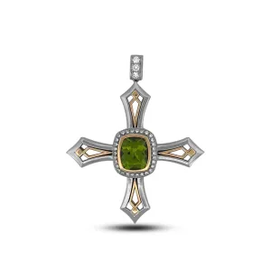 6ct Cushion Cut Peridot with Round Brilliant Diamond Cross Pendant in 14k Two-tone Gold