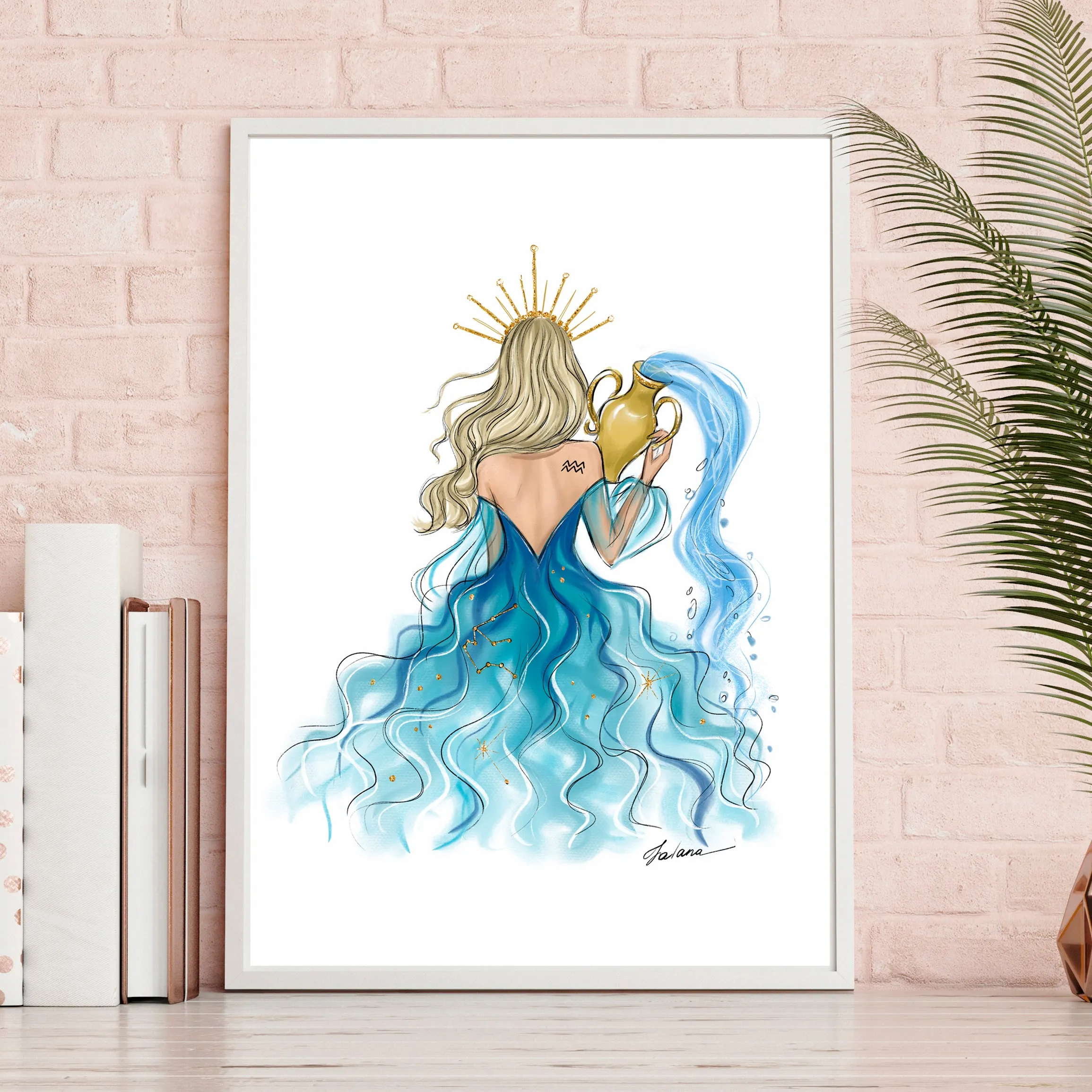 Aquarius Sign Girl in blue dress Zodiac inspired fashion illustration art print