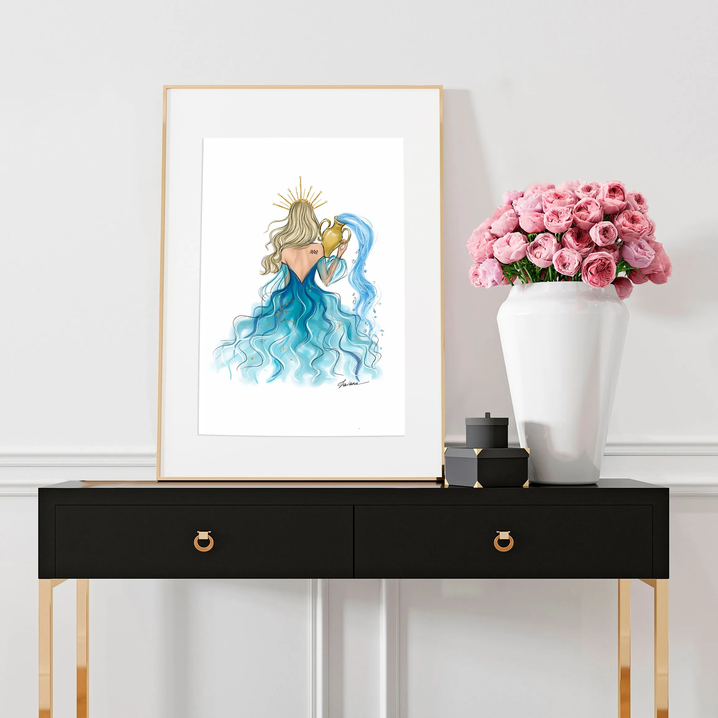 Aquarius Sign Girl in blue dress Zodiac inspired fashion illustration art print