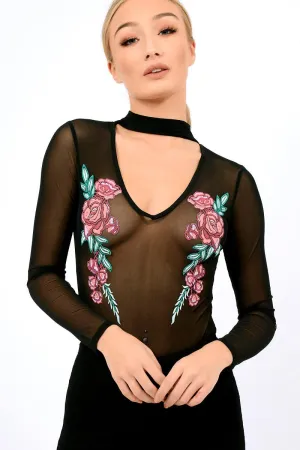 Black Mesh Floral Choker Bodysuit - Bryleigh