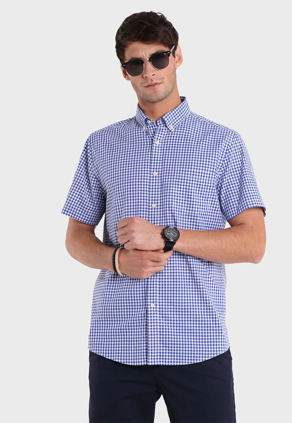 Camisa Hombre Cuadro Manga Corta Azul