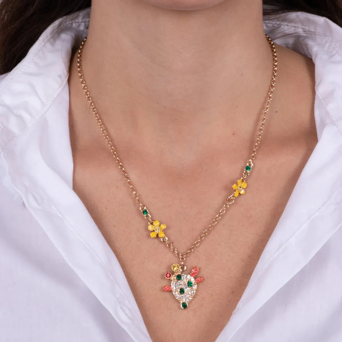 Collana in metallo conc cactus e pietre colorate  | Rohome