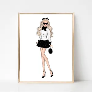 Girl in black and white sassy outfit fashion illustration art print