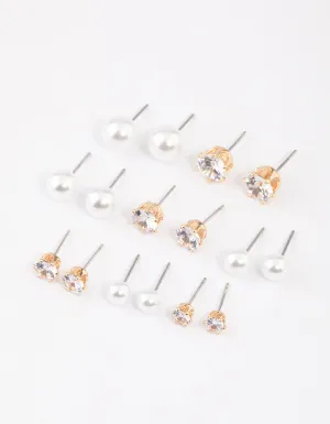 Gold Graduating Diamante & Pearl Earrings 8-Pack