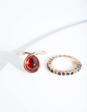 Gold Rainbow Diamante Red Ring Pack