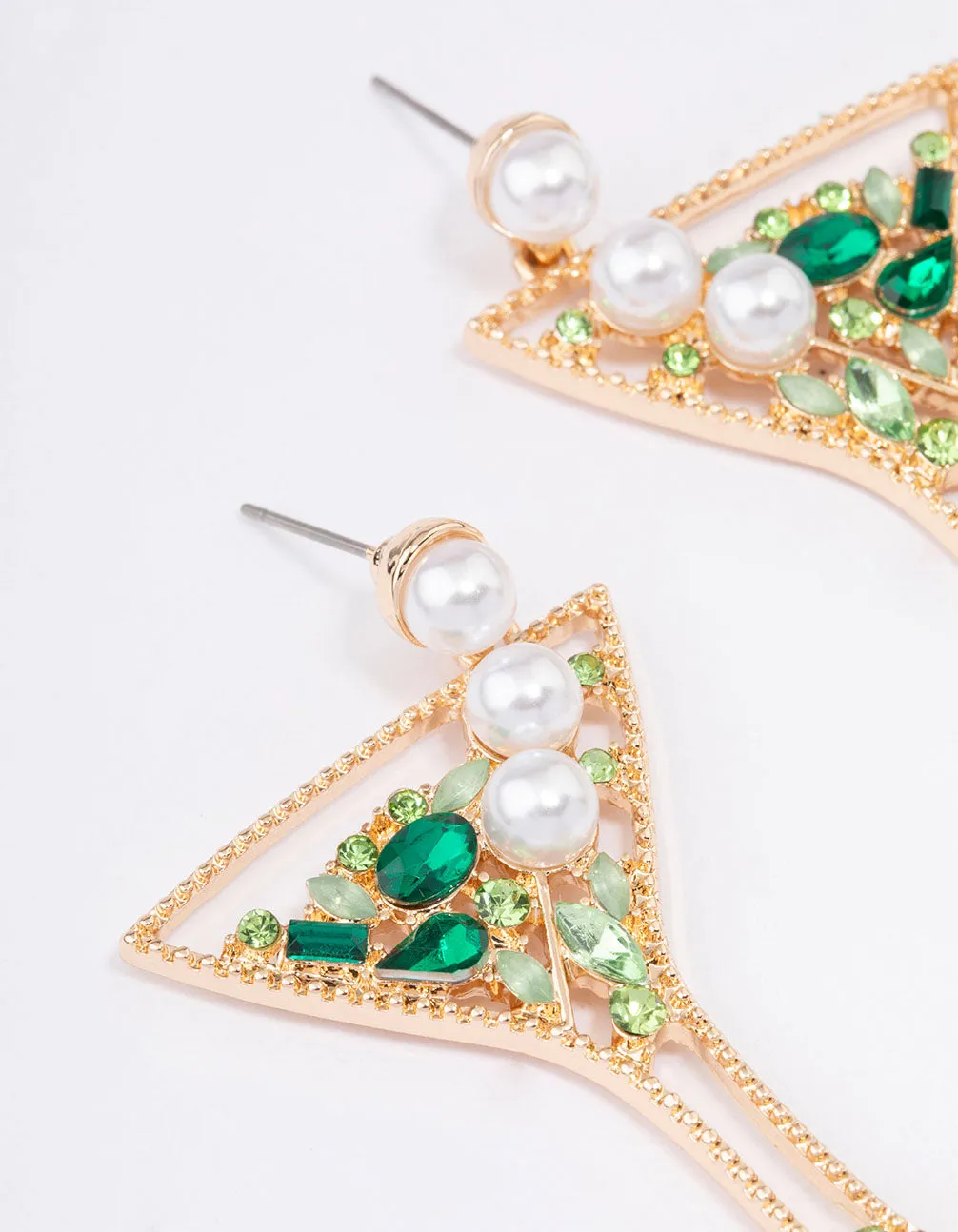 Green Diamante & Pearls Cocktail Earrings