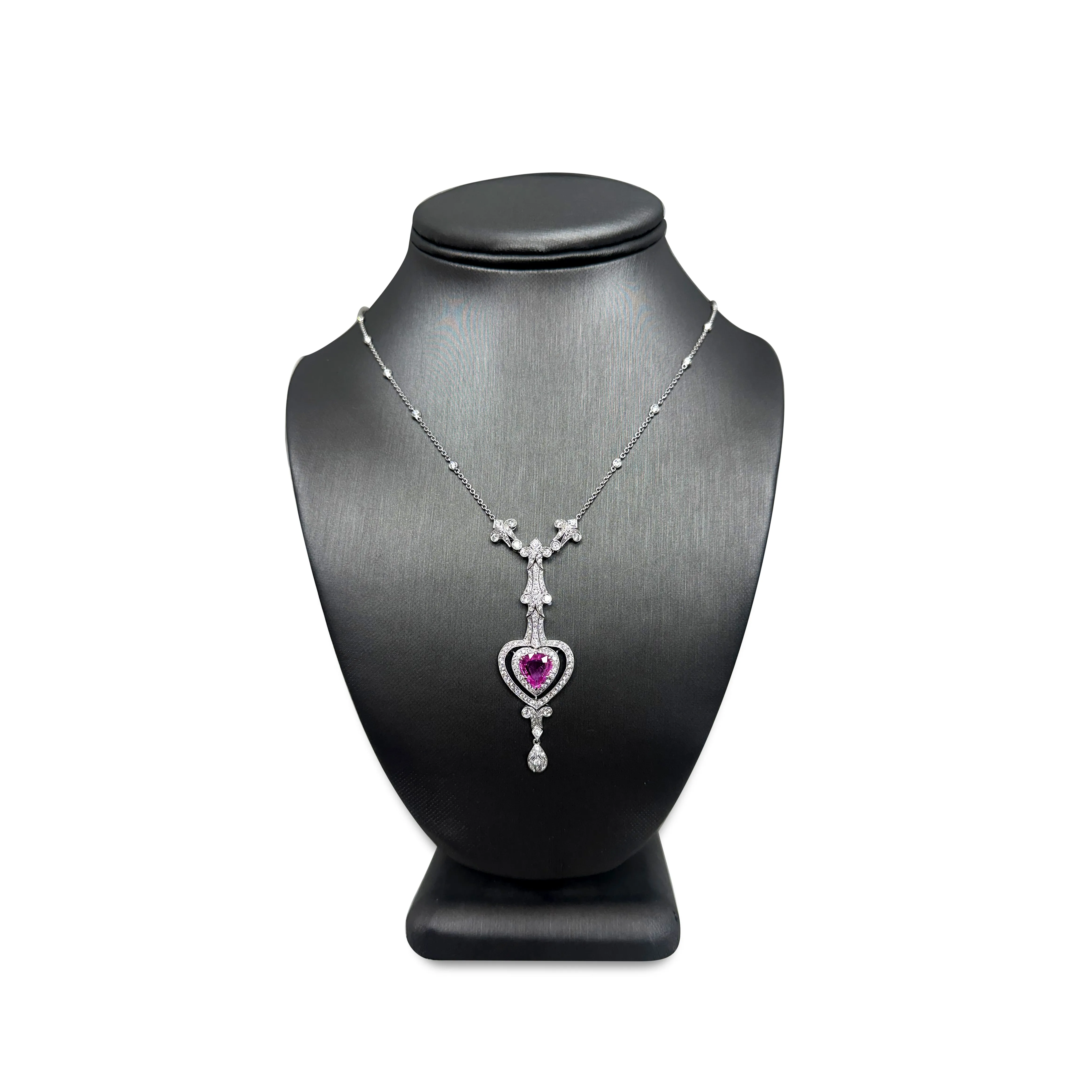 Pink Sapphire And Diamond Edwardian-Style Necklace in 18k White Gold