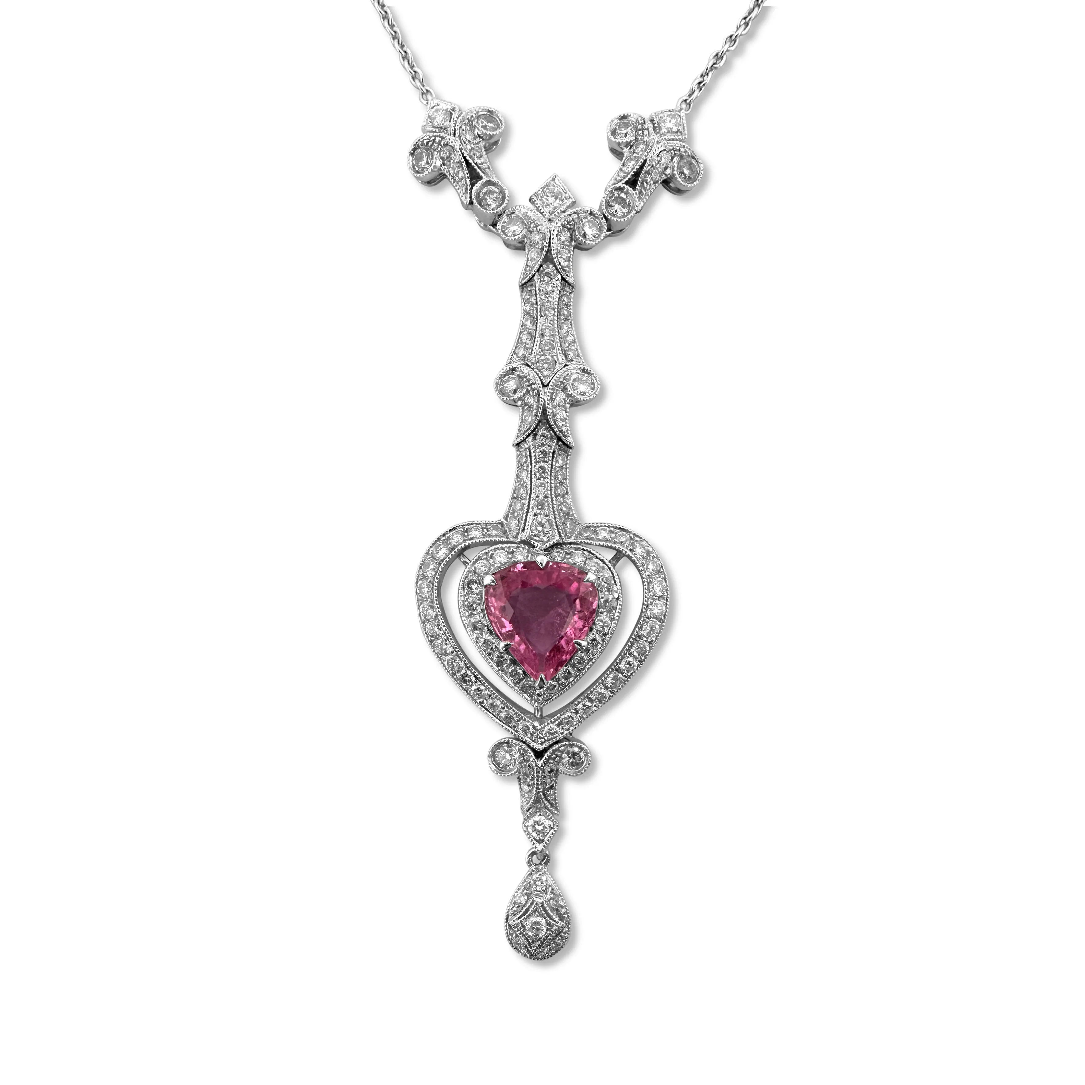 Pink Sapphire And Diamond Edwardian-Style Necklace in 18k White Gold