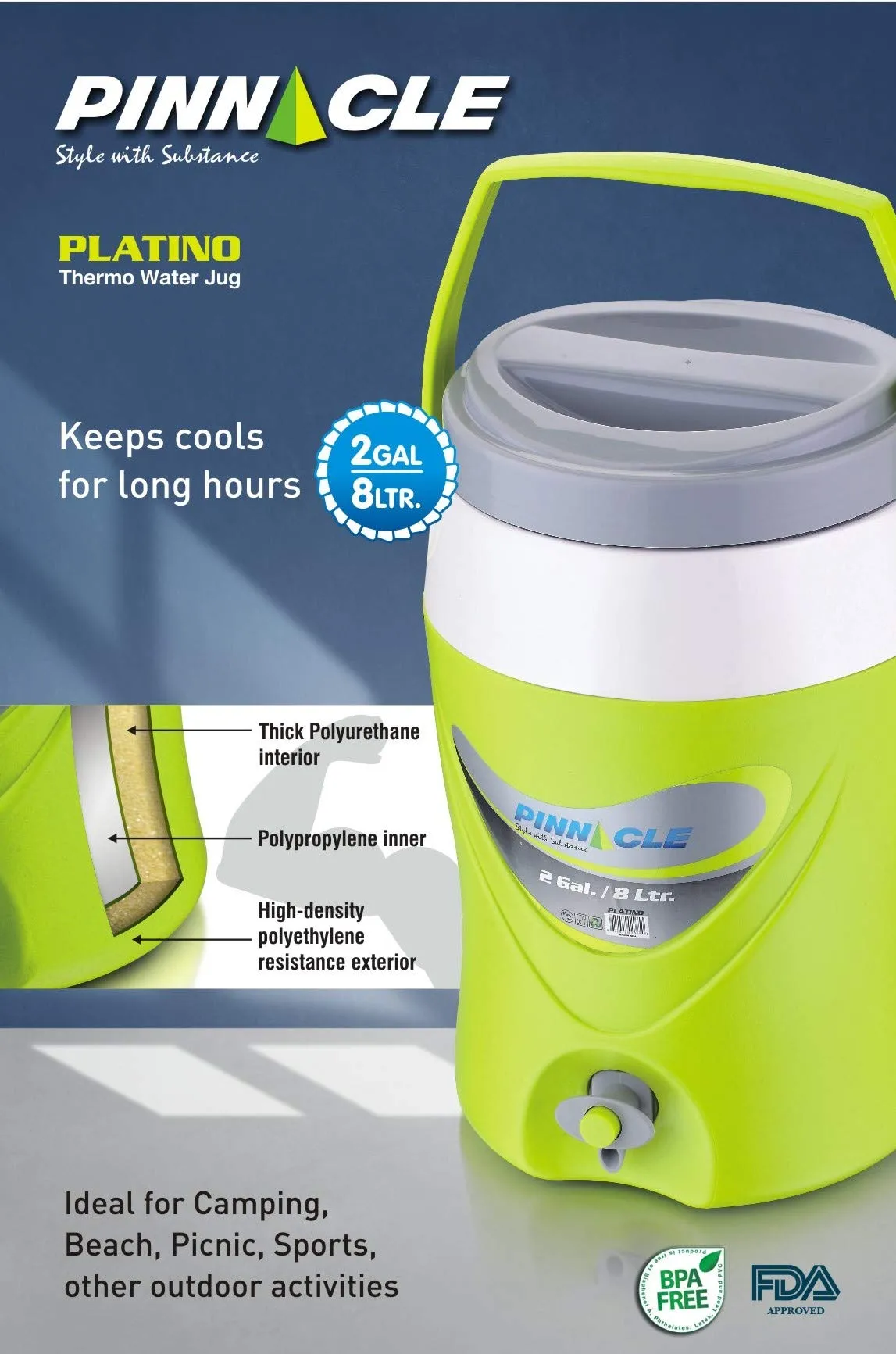 Pinnacle Platino Insulated Water Jug with Spout & Handle | Water Camper | BPA Free | Keeps Water Cold & Fresh | Hot and Cold | Easy to Carry (8 Litre, Blue)