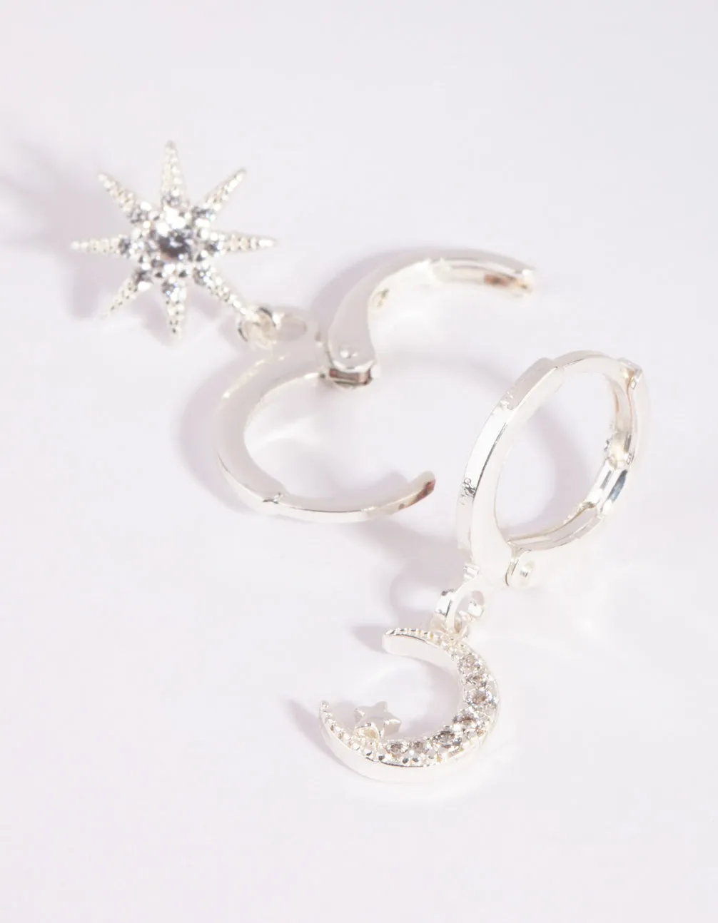 Silver Diamante Mismatched Celestial Huggie Earrings