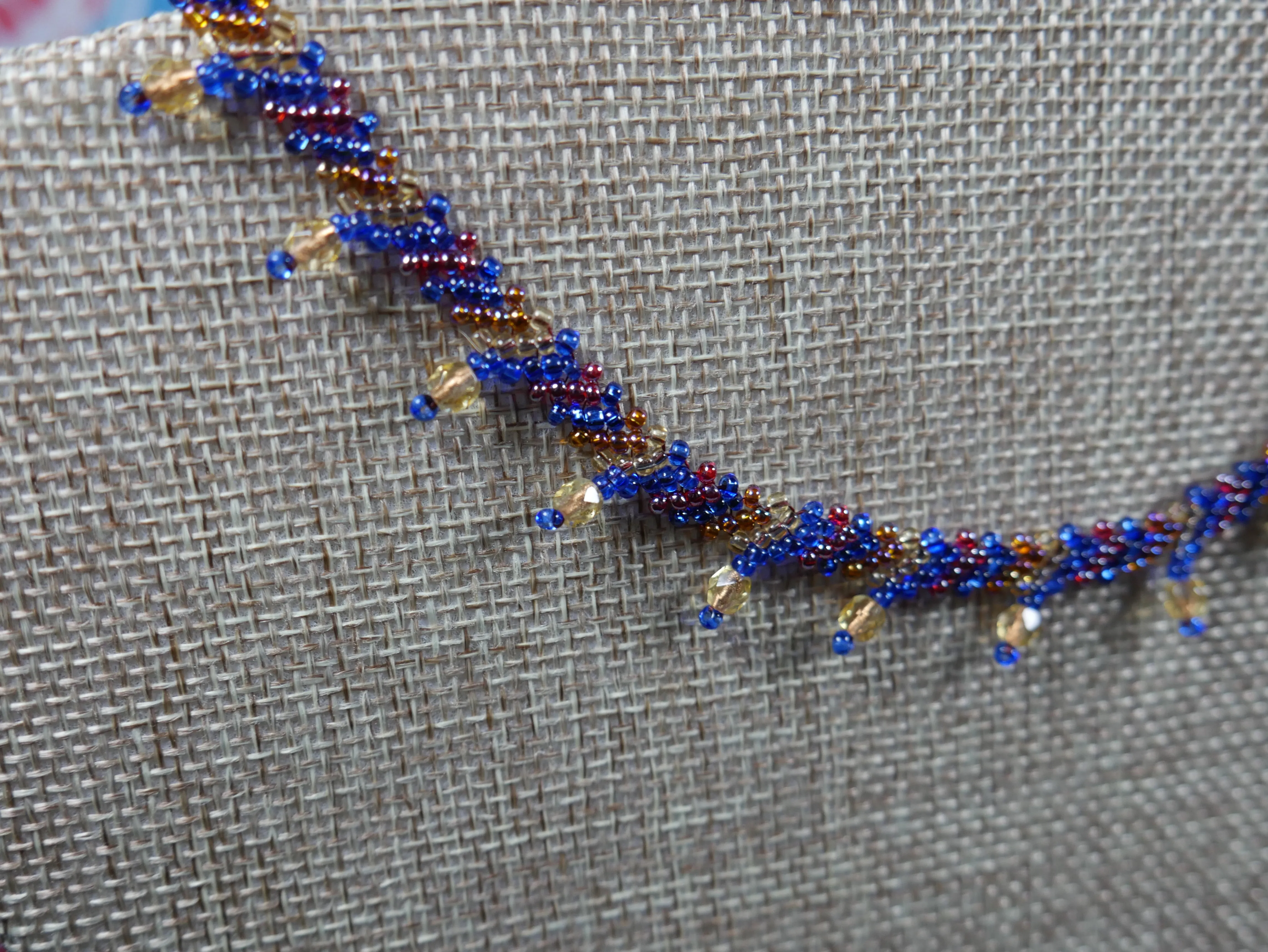 Woven Blue, Red and Gold Beaded Choker